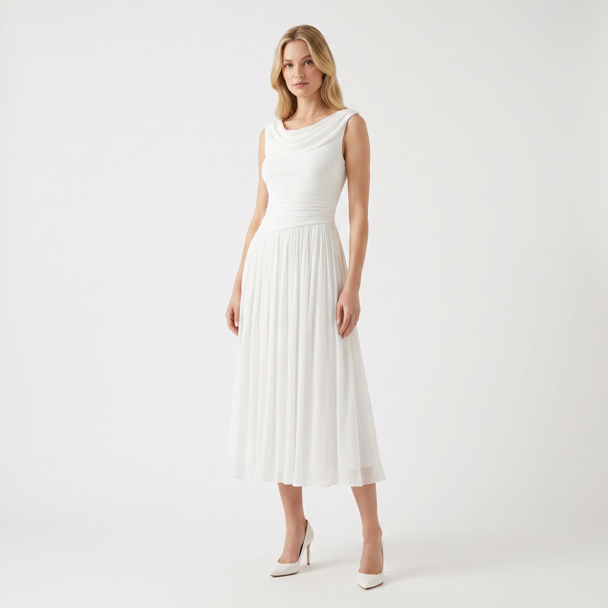 Women's Chiffon Pleated A-Line Midi Dress Sleeveless Cowl Neck Elegant Dress