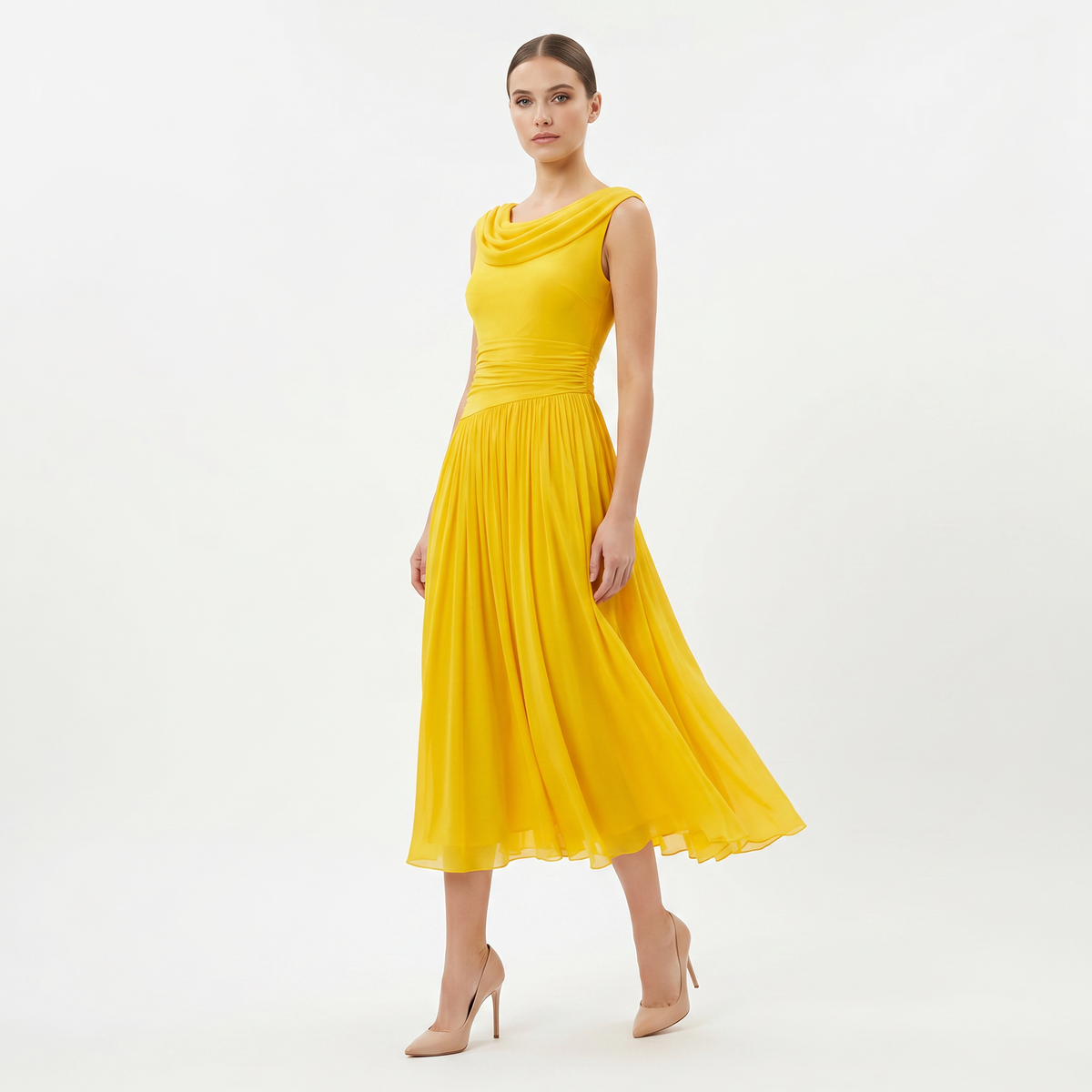 Women's Chiffon Pleated A-Line Midi Dress Sleeveless Cowl Neck Elegant Dress