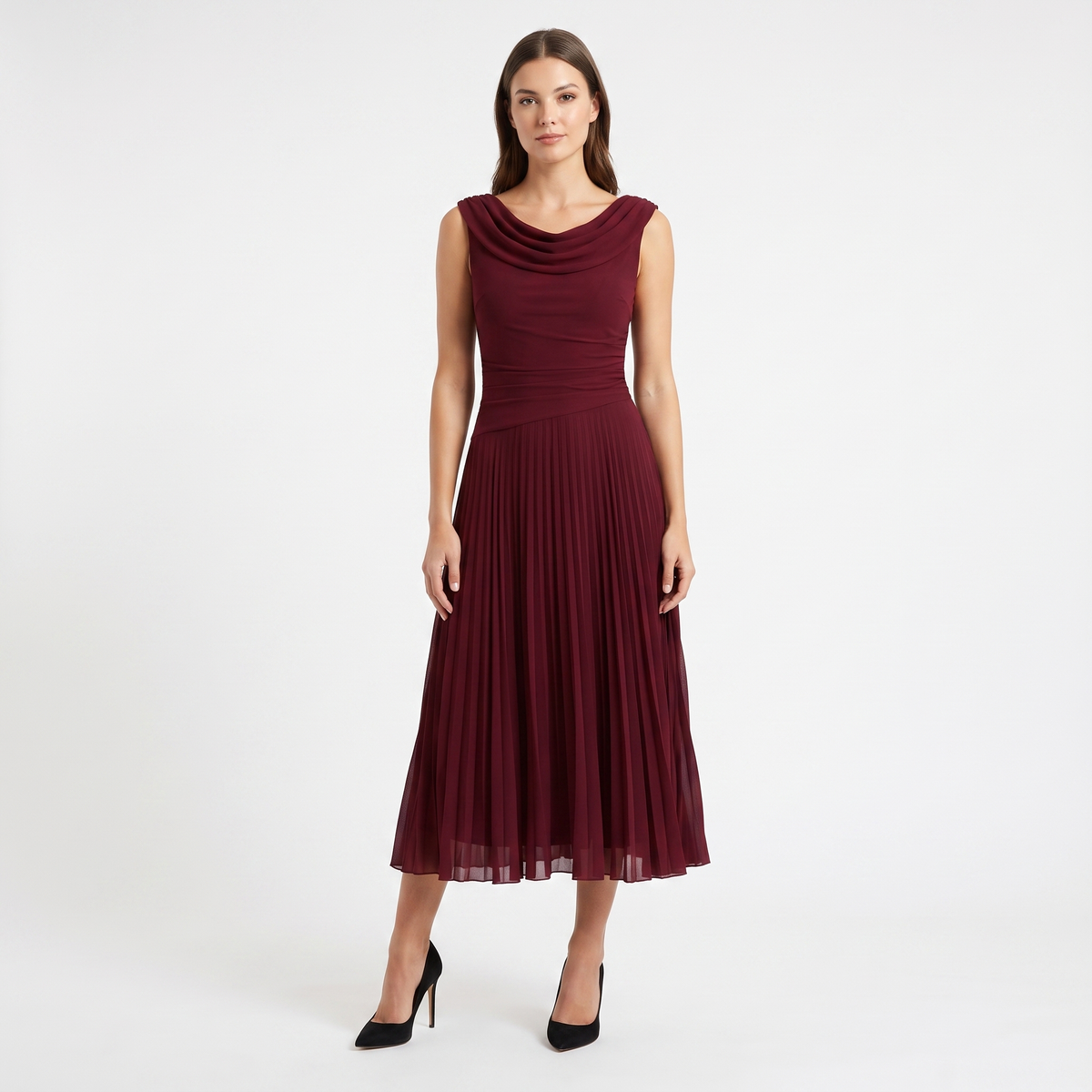 Women's Chiffon Pleated A-Line Midi Dress Sleeveless Cowl Neck Elegant Dress