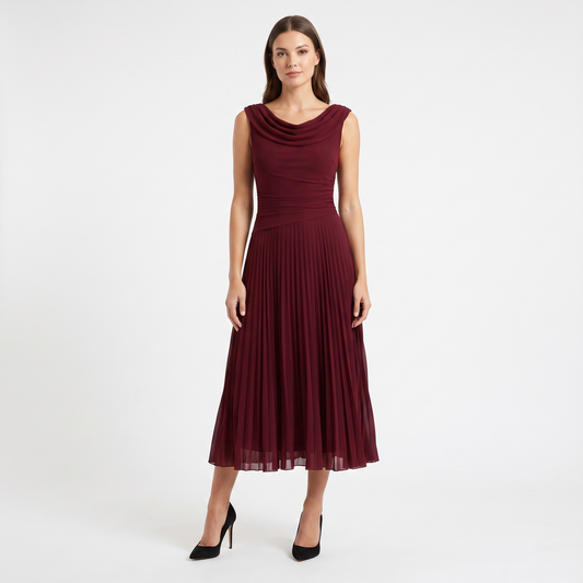 Women's Chiffon Pleated A-Line Midi Dress Sleeveless Cowl Neck Elegant Dress