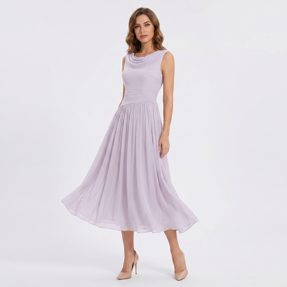 Women's Chiffon Pleated A-Line Midi Dress Sleeveless Cowl Neck Elegant Dress
