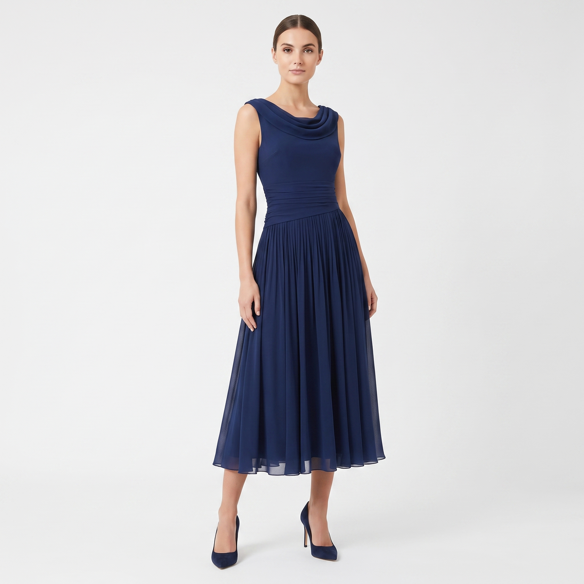 Women's Chiffon Pleated A-Line Midi Dress Sleeveless Cowl Neck Elegant Dress