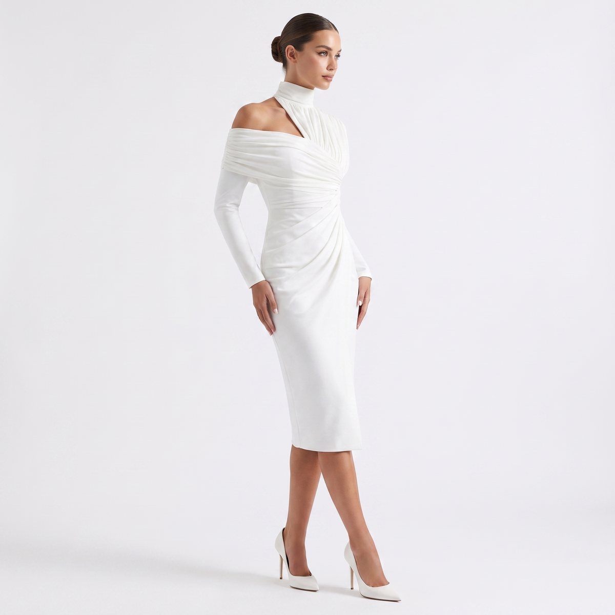 Women's Ruched Asymmetric Off Shoulder Midi Dress Long Sleeve High Neck Bodycon