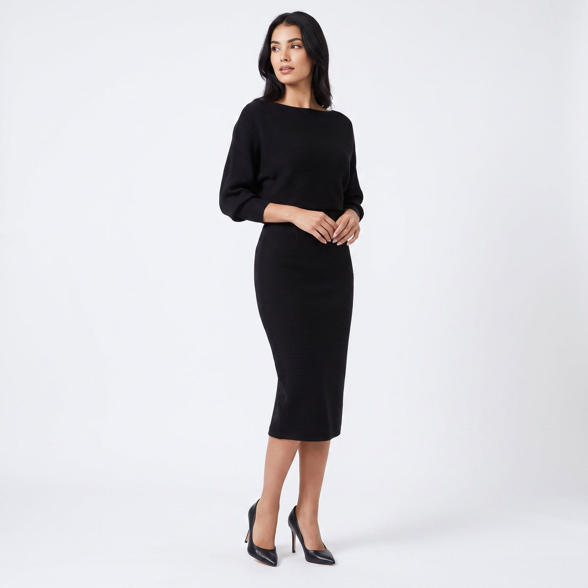 Women's Knit Batwing Sleeve Bodycon Midi Dress Cowl Neck Fitted Sweater Dress