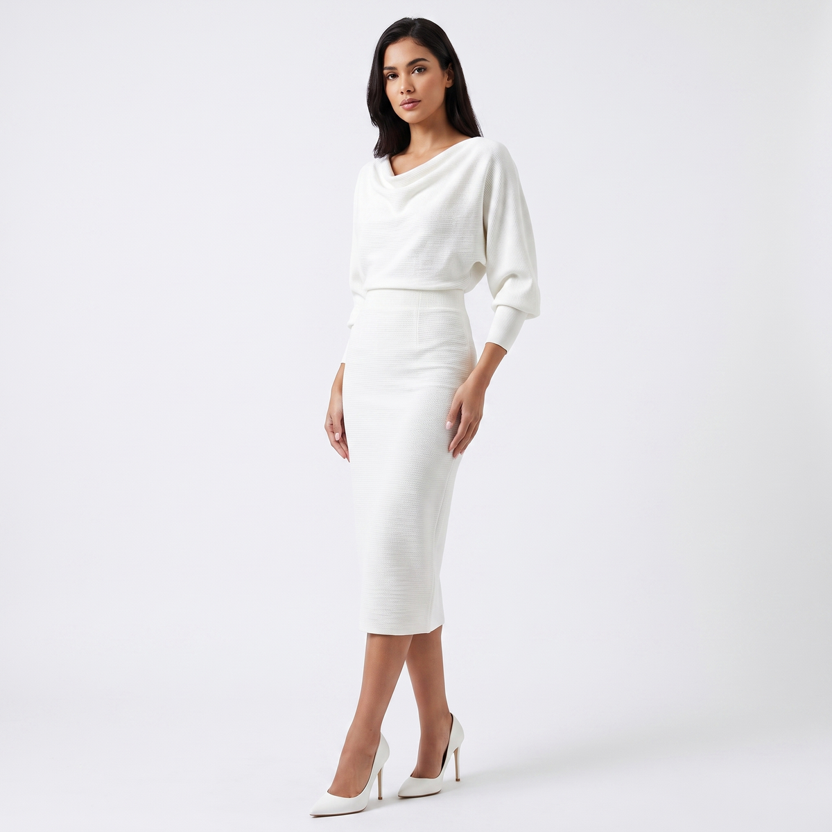 Women's Knit Batwing Sleeve Bodycon Midi Dress Cowl Neck Fitted Sweater Dress