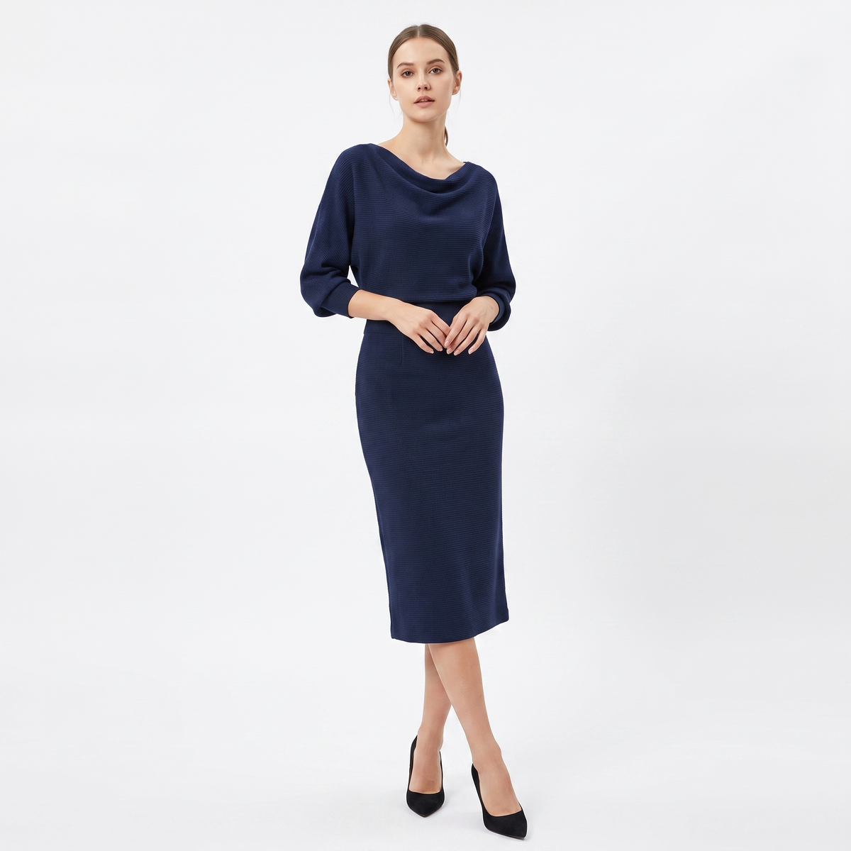 Women's Knit Batwing Sleeve Bodycon Midi Dress Cowl Neck Fitted Sweater Dress