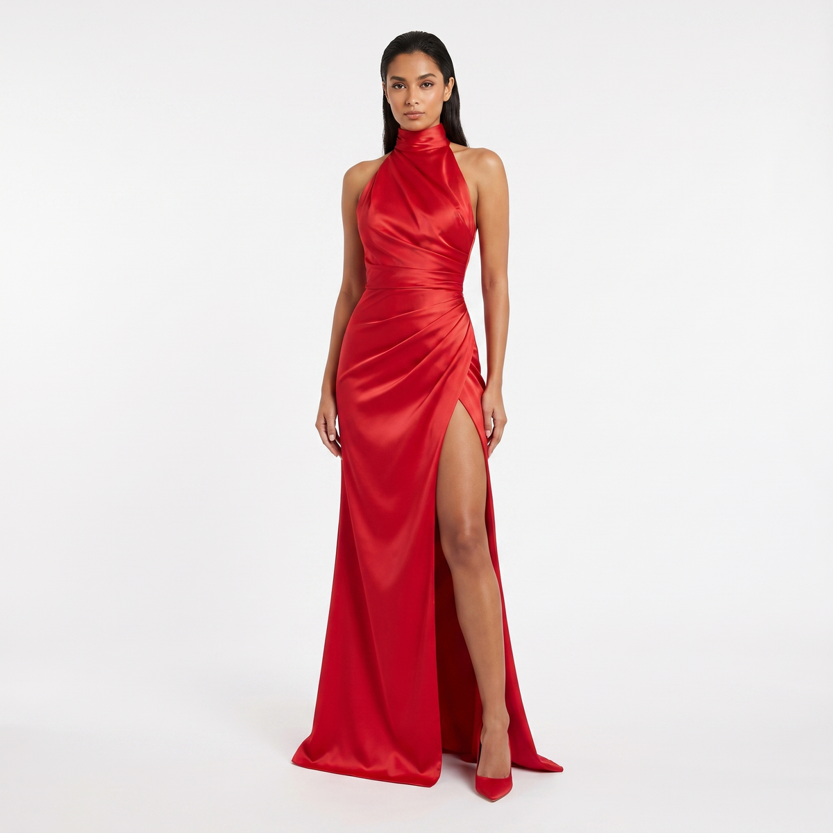 Women's Satin Halter Neck Maxi Gown Ruched High Slit Sleeveless Formal