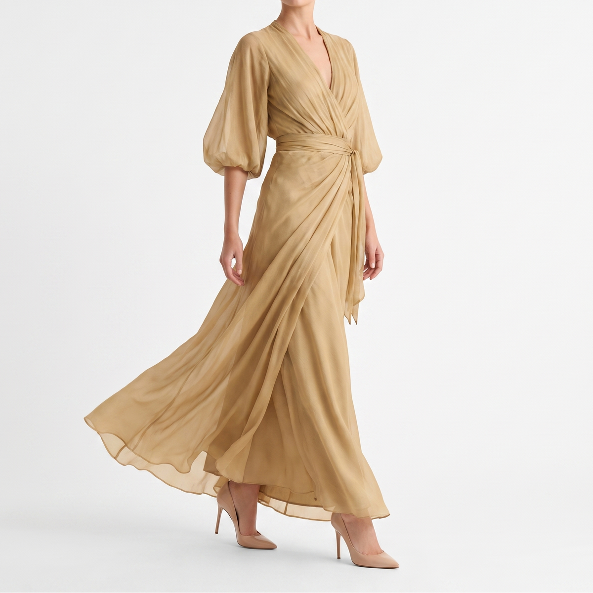 Women's Chiffon Wrap Maxi Dress Deep V Neck Puff Sleeve Formal