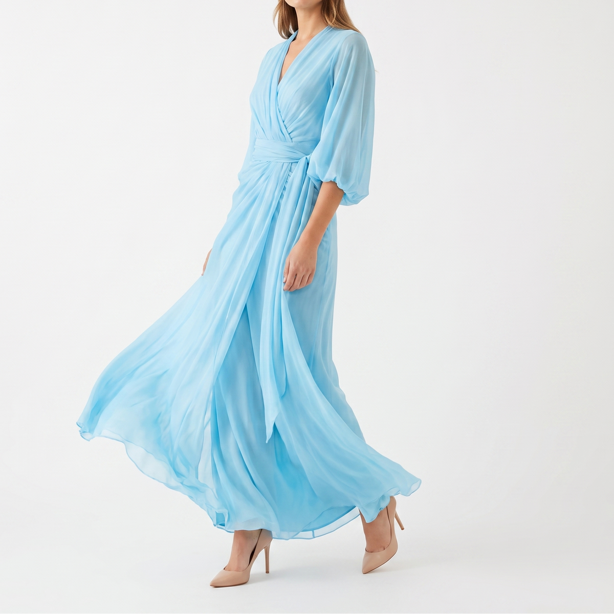 Women's Chiffon Wrap Maxi Dress Deep V Neck Puff Sleeve Formal