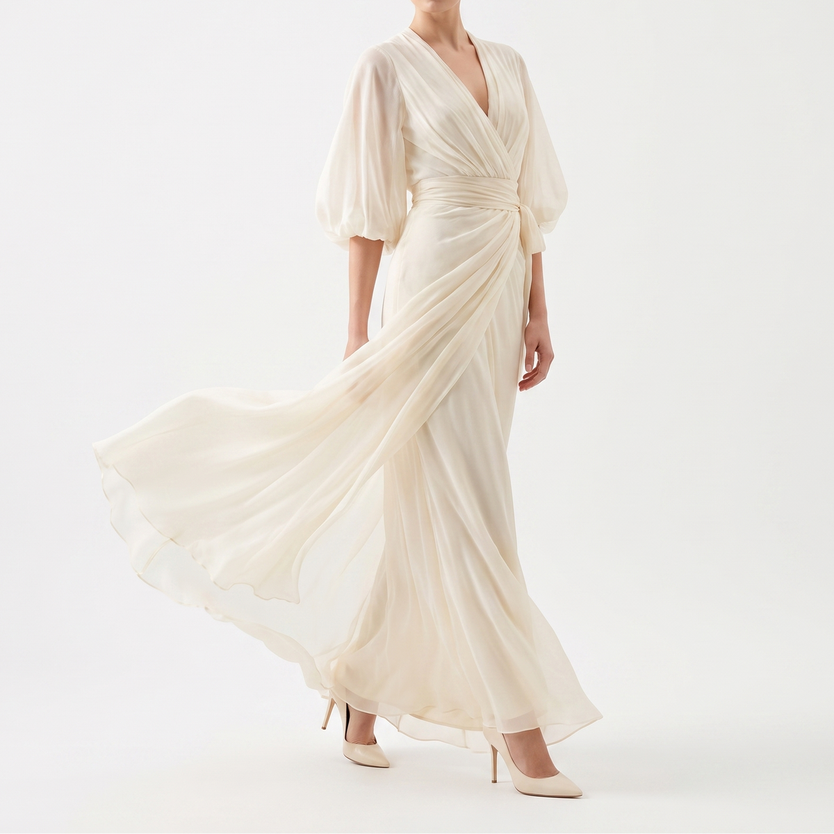 Women's Chiffon Wrap Maxi Dress Deep V Neck Puff Sleeve Formal