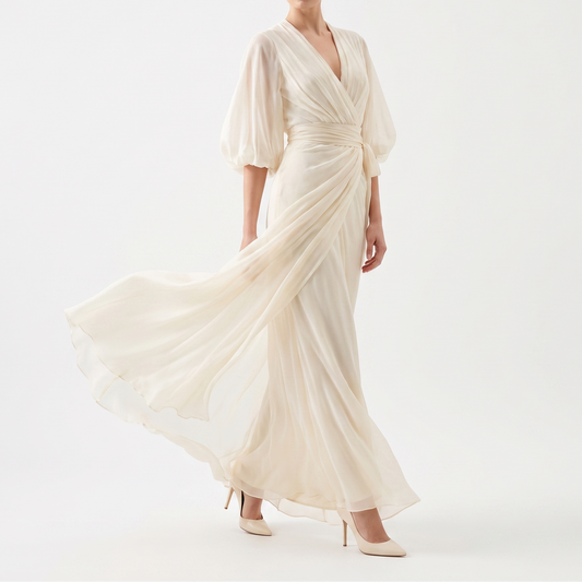 Women's Chiffon Wrap Maxi Dress Deep V Neck Puff Sleeve Formal