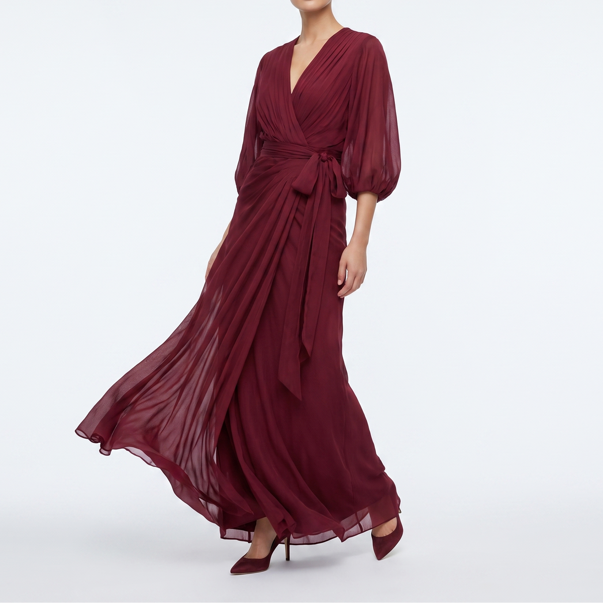 Women's Chiffon Wrap Maxi Dress Deep V Neck Puff Sleeve Formal