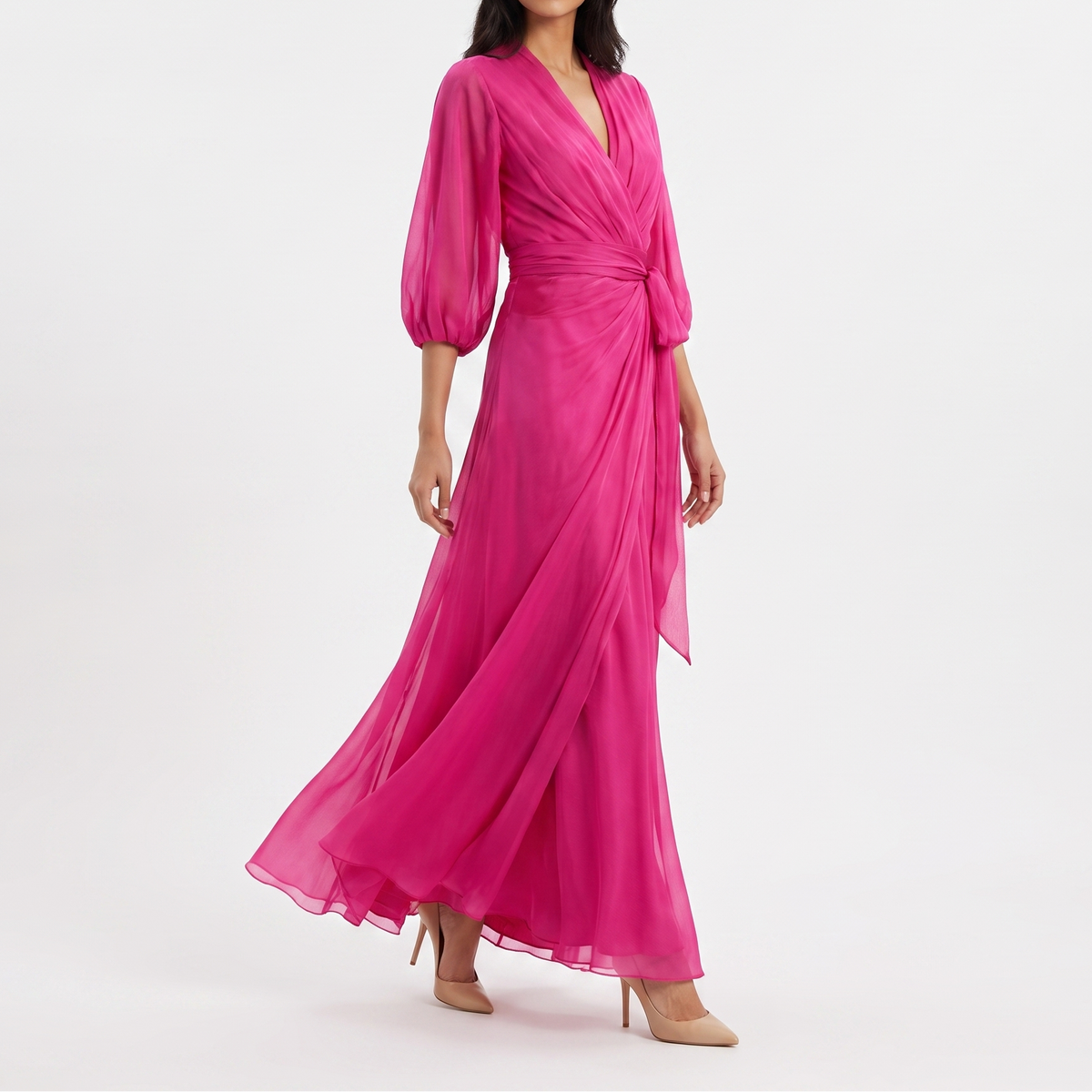 Women's Chiffon Wrap Maxi Dress Deep V Neck Puff Sleeve Formal