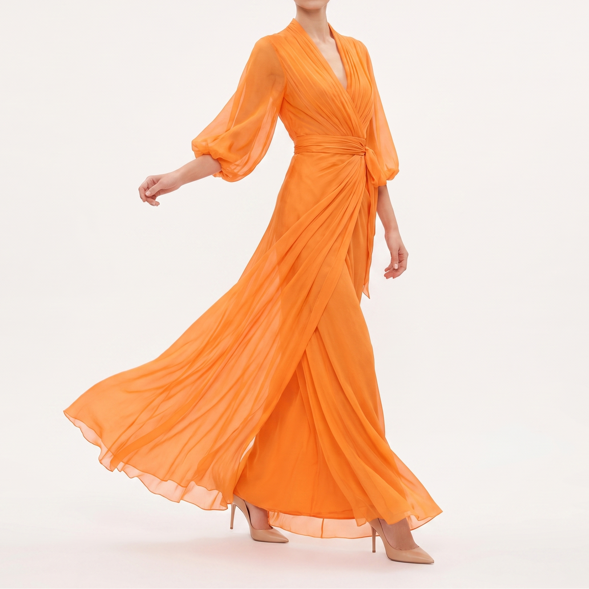 Women's Chiffon Wrap Maxi Dress Deep V Neck Puff Sleeve Formal