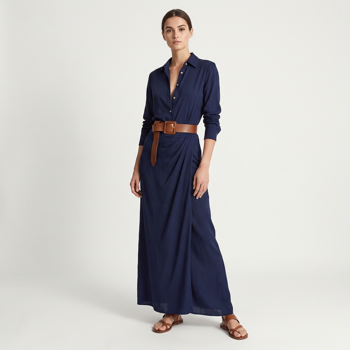 Women's Belted Maxi Shirt Dress Long Sleeve Wrap Skirt Deep V Neck