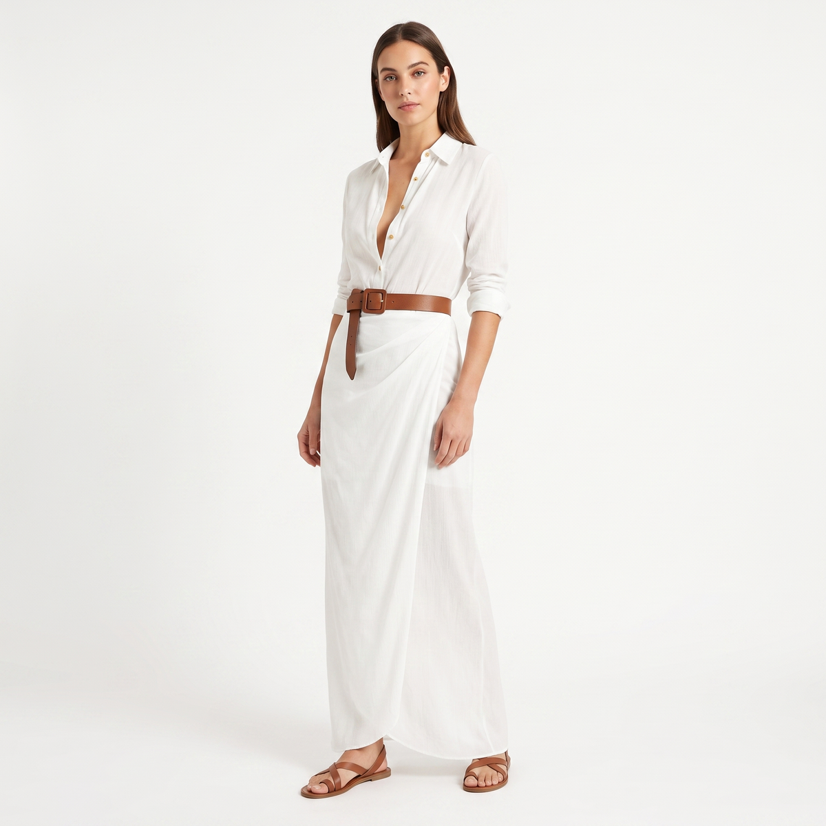 Women's Belted Maxi Shirt Dress Long Sleeve Wrap Skirt Deep V Neck