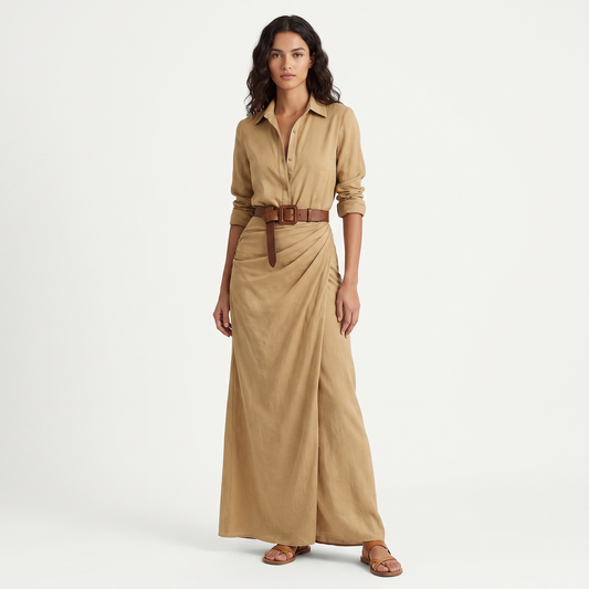 Women's Belted Maxi Shirt Dress Long Sleeve Wrap Skirt Deep V Neck