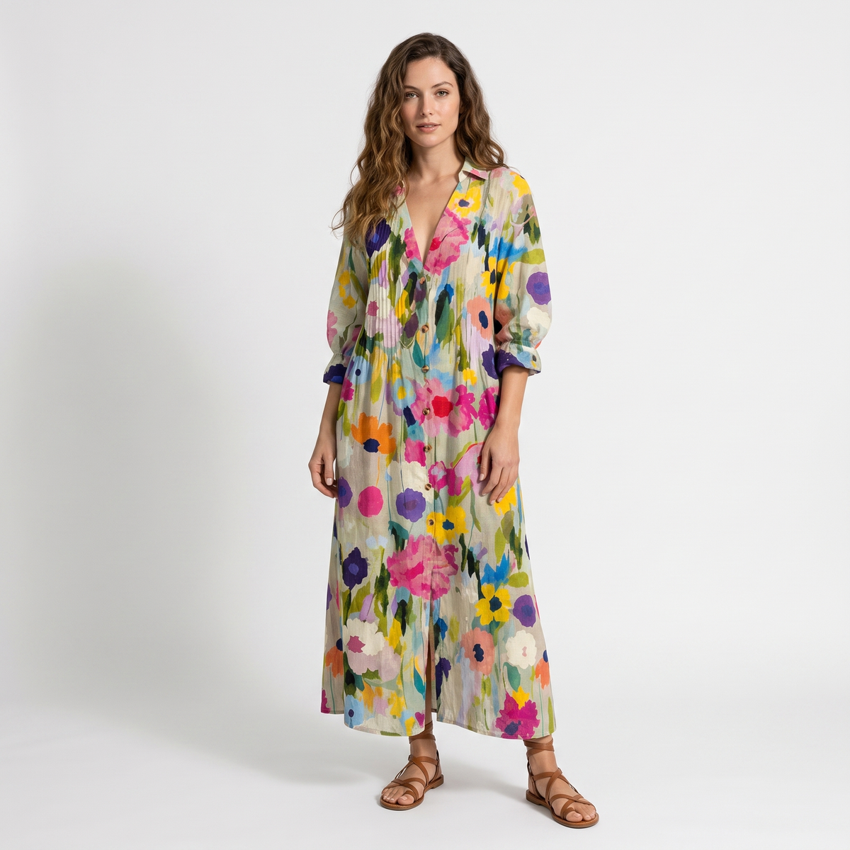 Women's Floral Print Maxi Dress Long Sleeve Button Front V-Neck Boho
