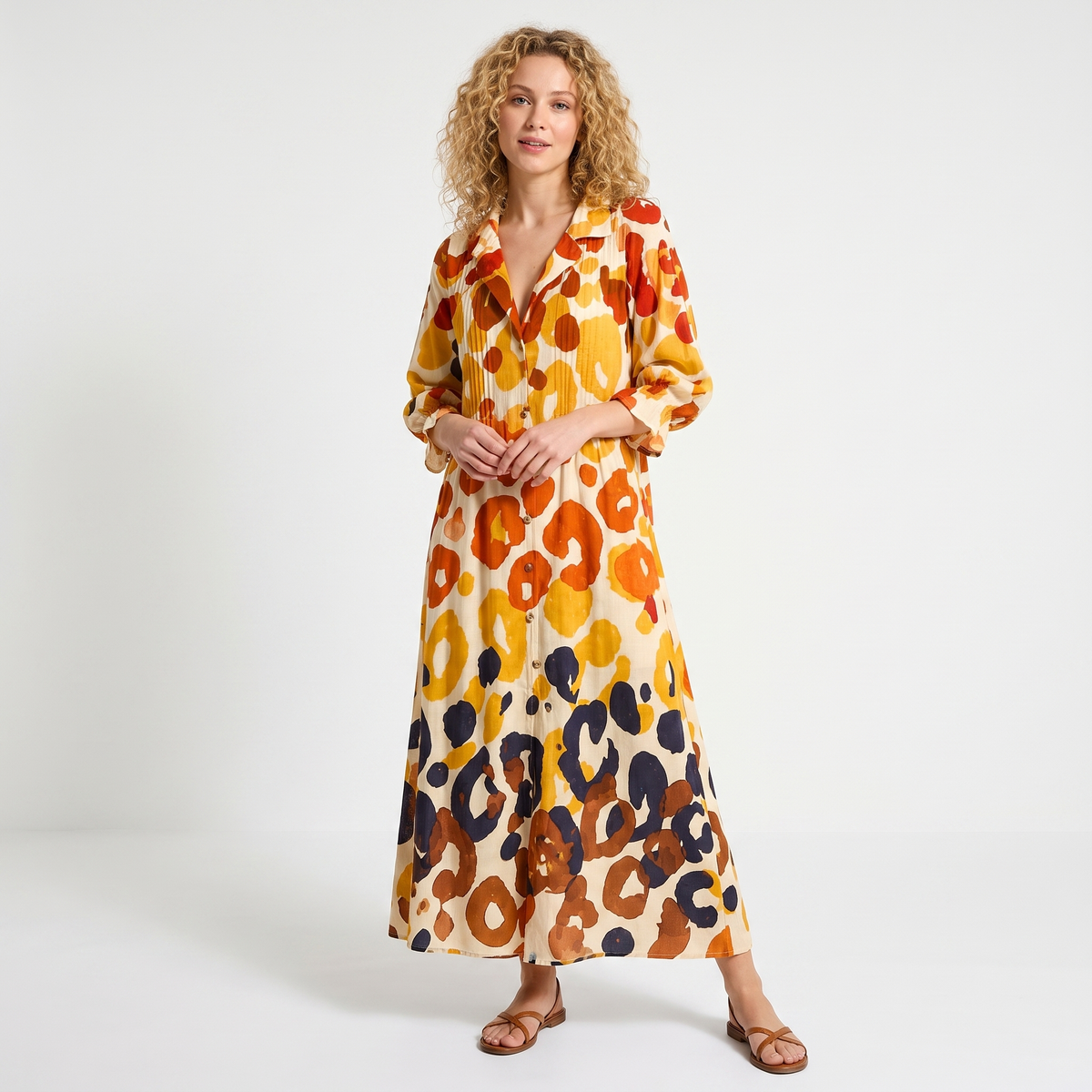 Women's Floral Print Maxi Dress Long Sleeve Button Front V-Neck Boho