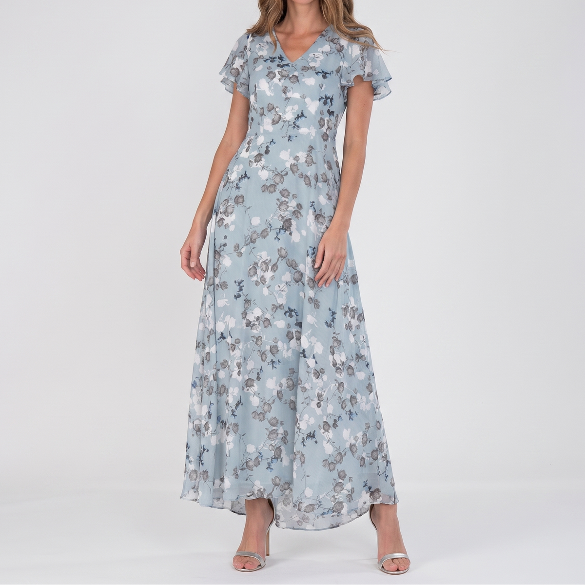Women's Floral Chiffon Maxi Dress Flutter Sleeve V-Neck Wedding Guest