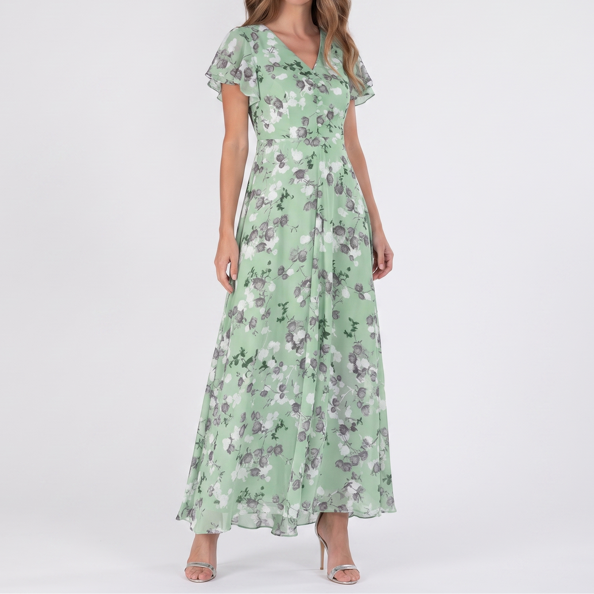 Women's Floral Chiffon Maxi Dress Flutter Sleeve V-Neck Wedding Guest