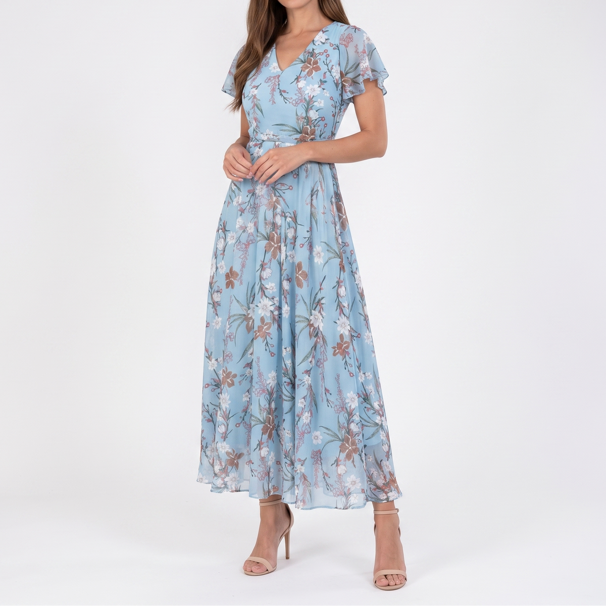 Women's Floral Chiffon Maxi Dress Flutter Sleeve V-Neck Wedding Guest