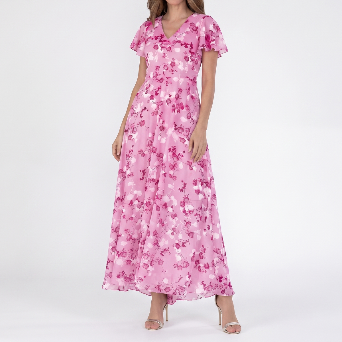 Women's Floral Chiffon Maxi Dress Flutter Sleeve V-Neck Wedding Guest