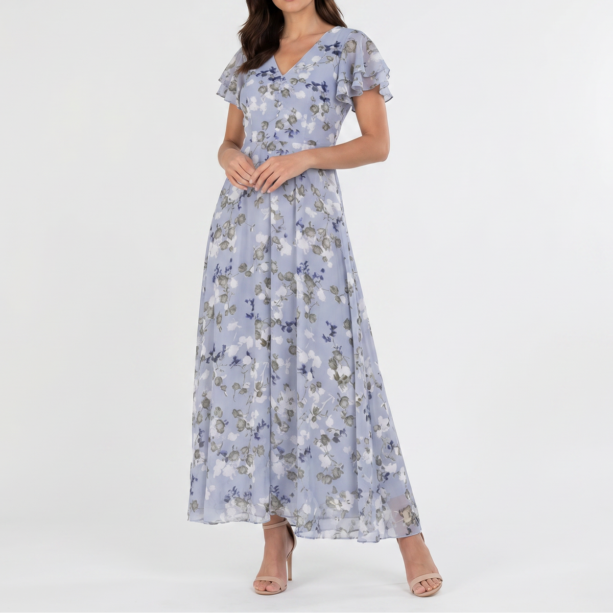 Women's Floral Chiffon Maxi Dress Flutter Sleeve V-Neck Wedding Guest