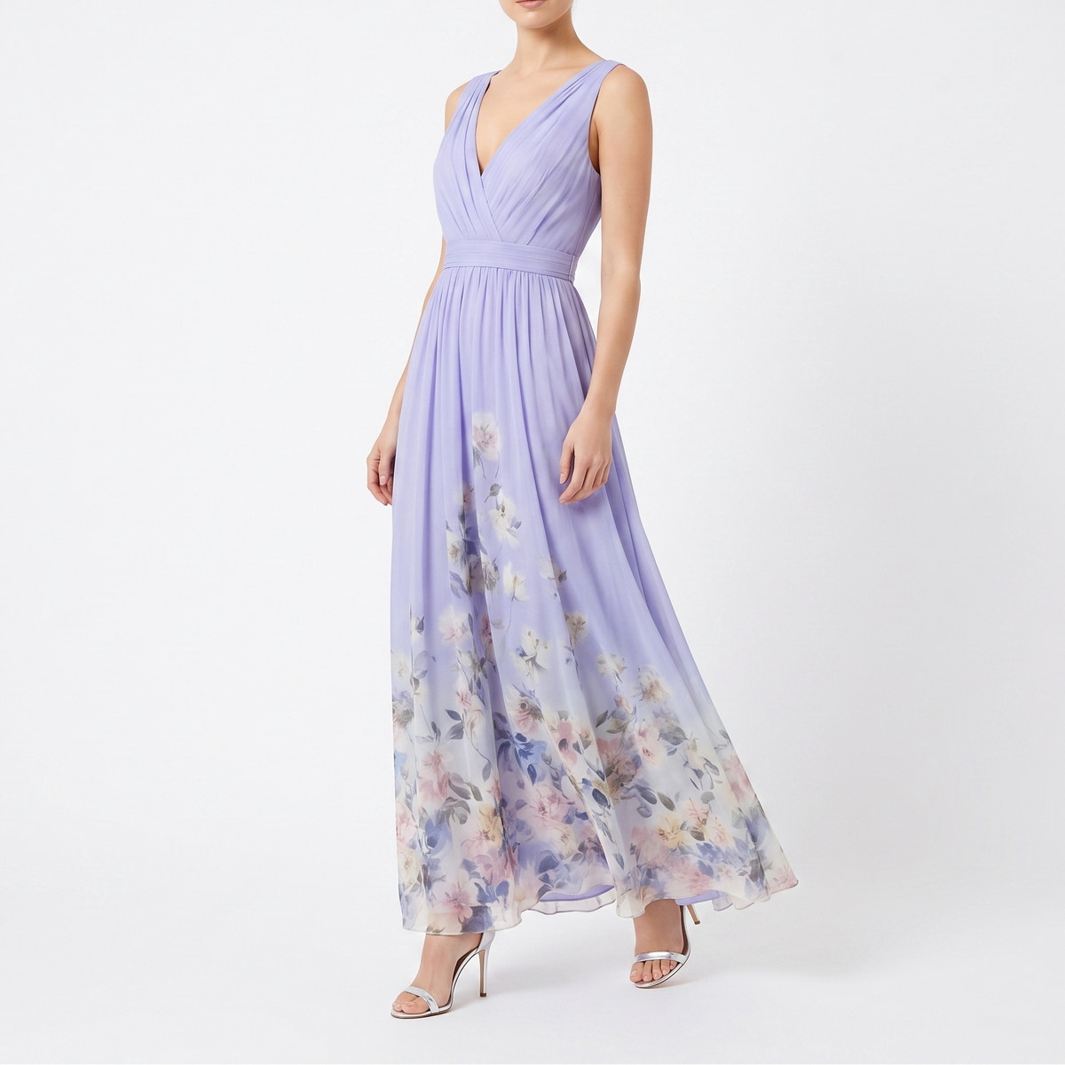 Women's Floral Maxi Dress Deep V Neck Sleeveless Chiffon Formal