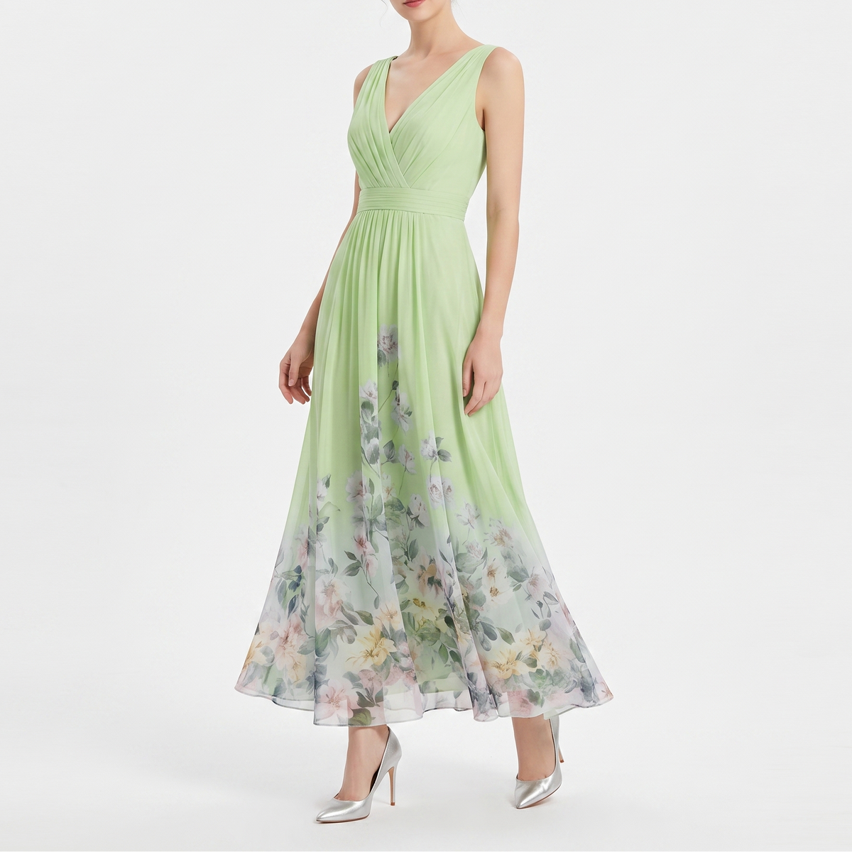 Women's Floral Maxi Dress Deep V Neck Sleeveless Chiffon Formal