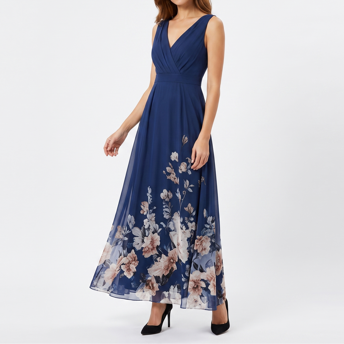 Women's Floral Maxi Dress Deep V Neck Sleeveless Chiffon Formal