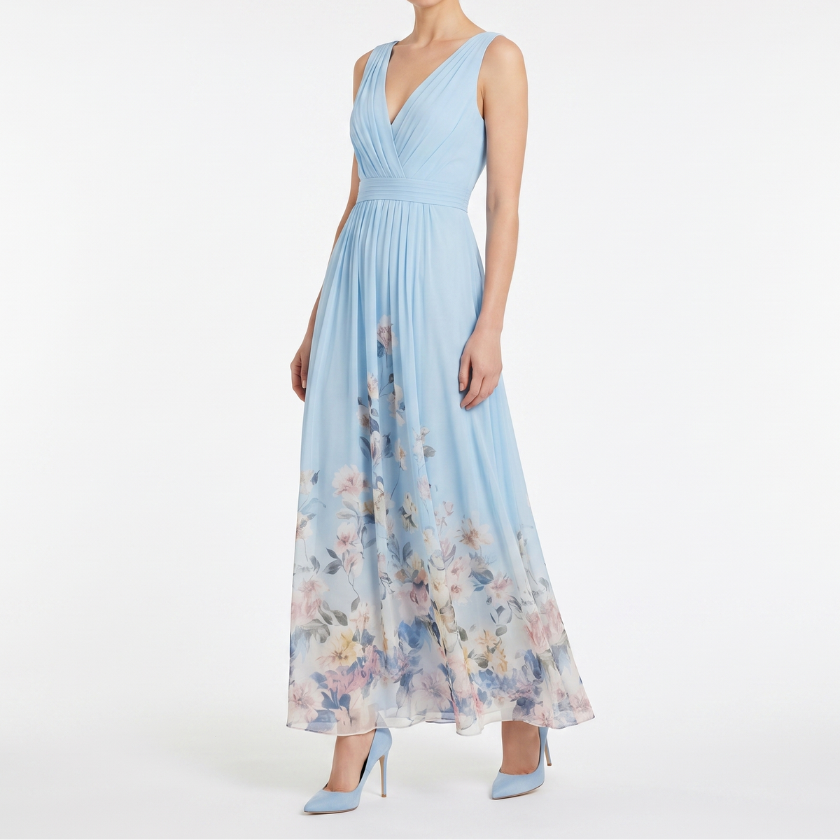 Women's Floral Maxi Dress Deep V Neck Sleeveless Chiffon Formal