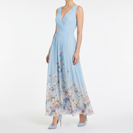 Women's Floral Maxi Dress Deep V Neck Sleeveless Chiffon Formal