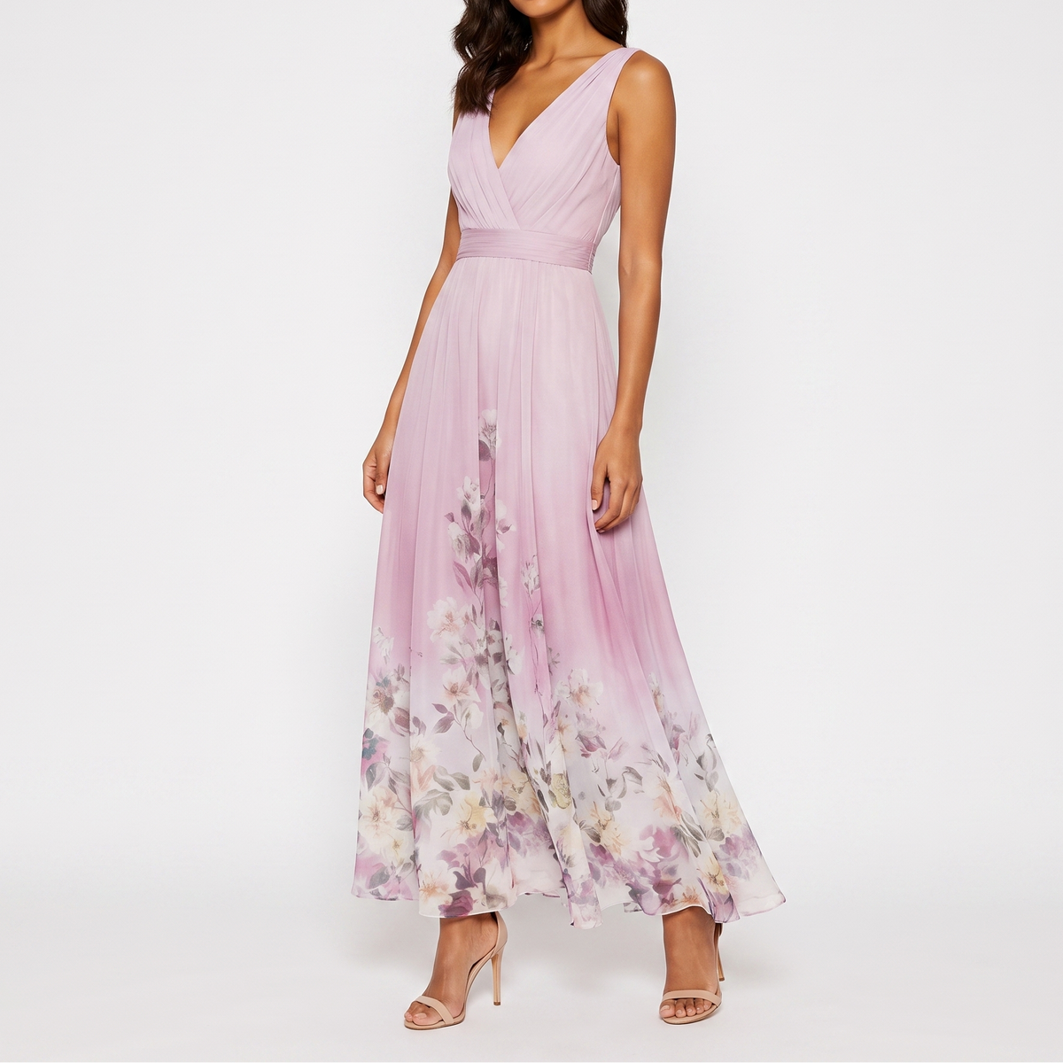 Women's Floral Maxi Dress Deep V Neck Sleeveless Chiffon Formal