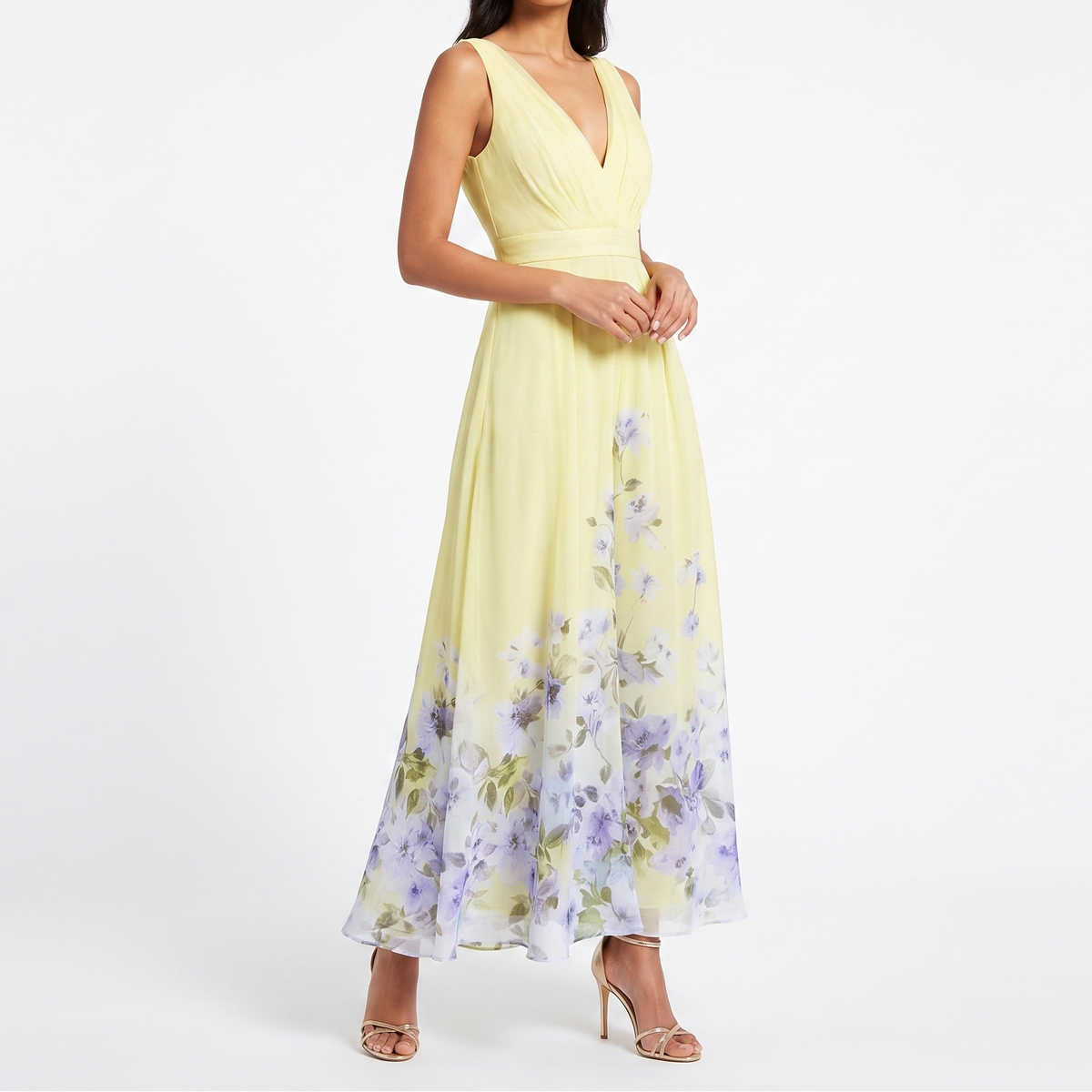 Women's Floral Maxi Dress Deep V Neck Sleeveless Chiffon Formal