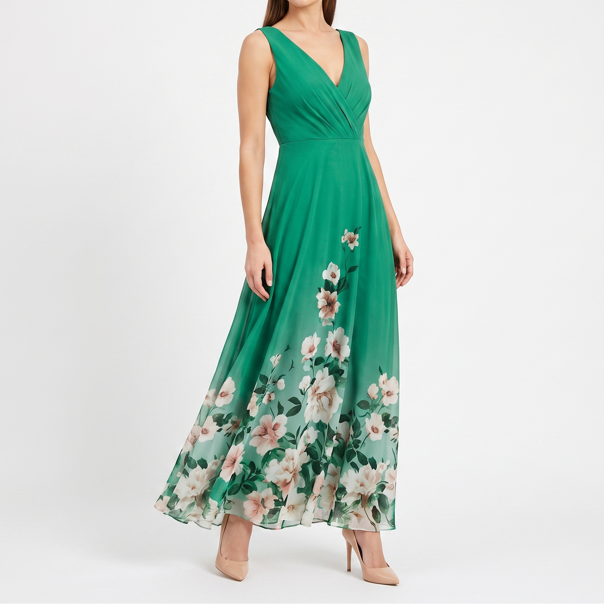 Women's Floral Maxi Dress Deep V Neck Sleeveless Chiffon Formal