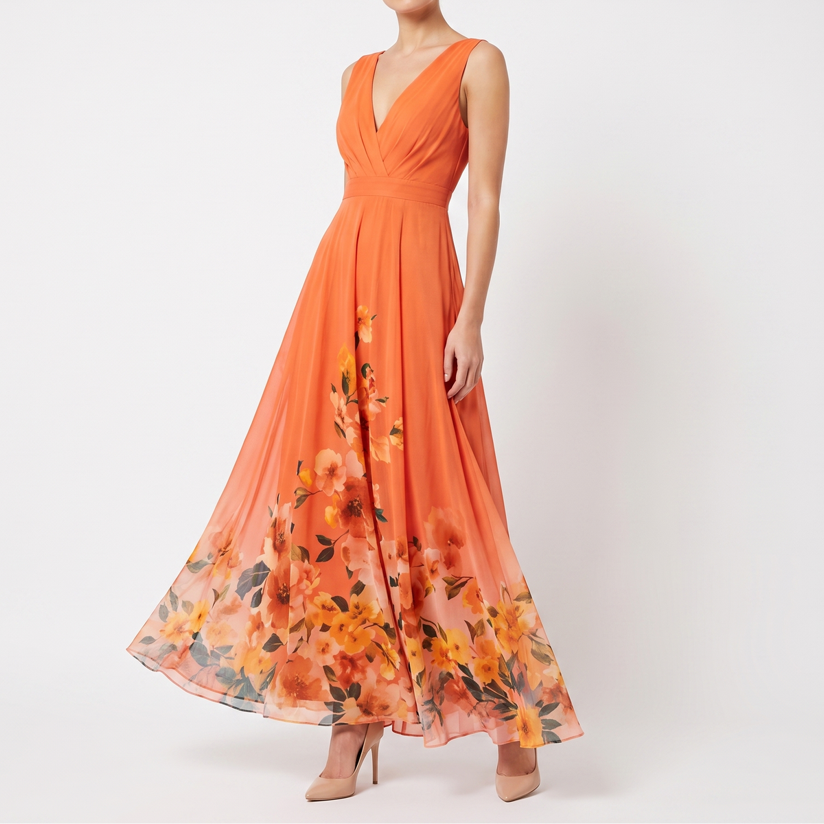 Women's Floral Maxi Dress Deep V Neck Sleeveless Chiffon Formal