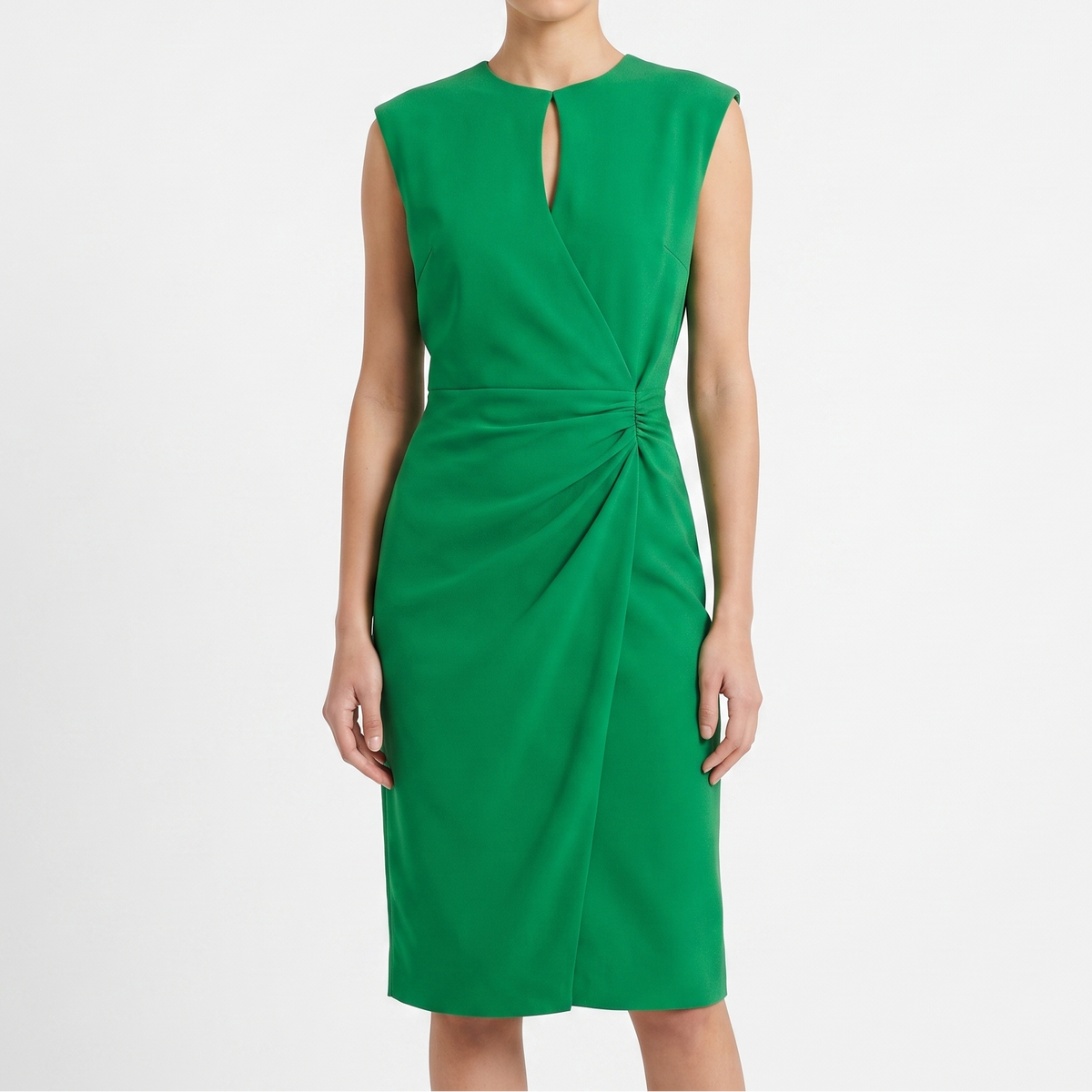 Women's Ruched Midi Dress Sleeveless Keyhole Neck Wrap Skirt Work