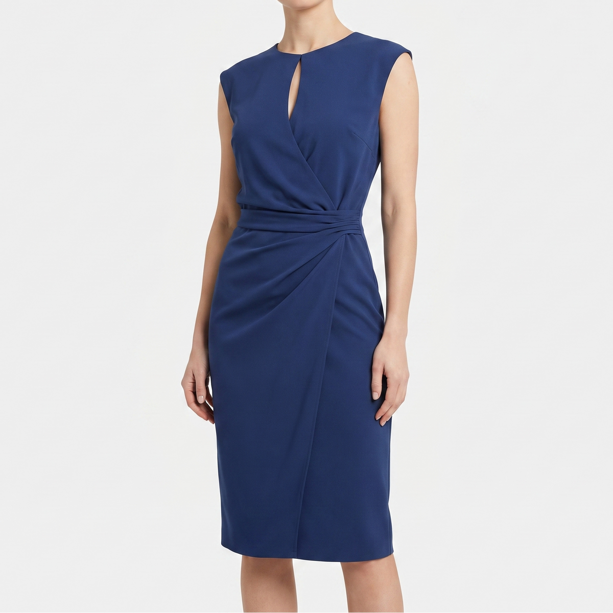 Women's Ruched Midi Dress Sleeveless Keyhole Neck Wrap Skirt Work