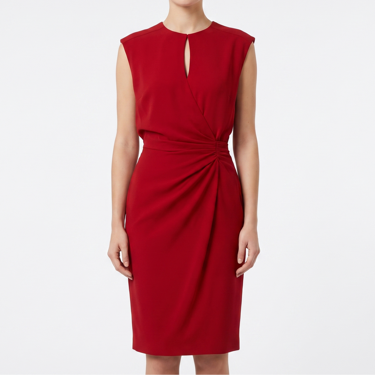 Women's Ruched Midi Dress Sleeveless Keyhole Neck Wrap Skirt Work