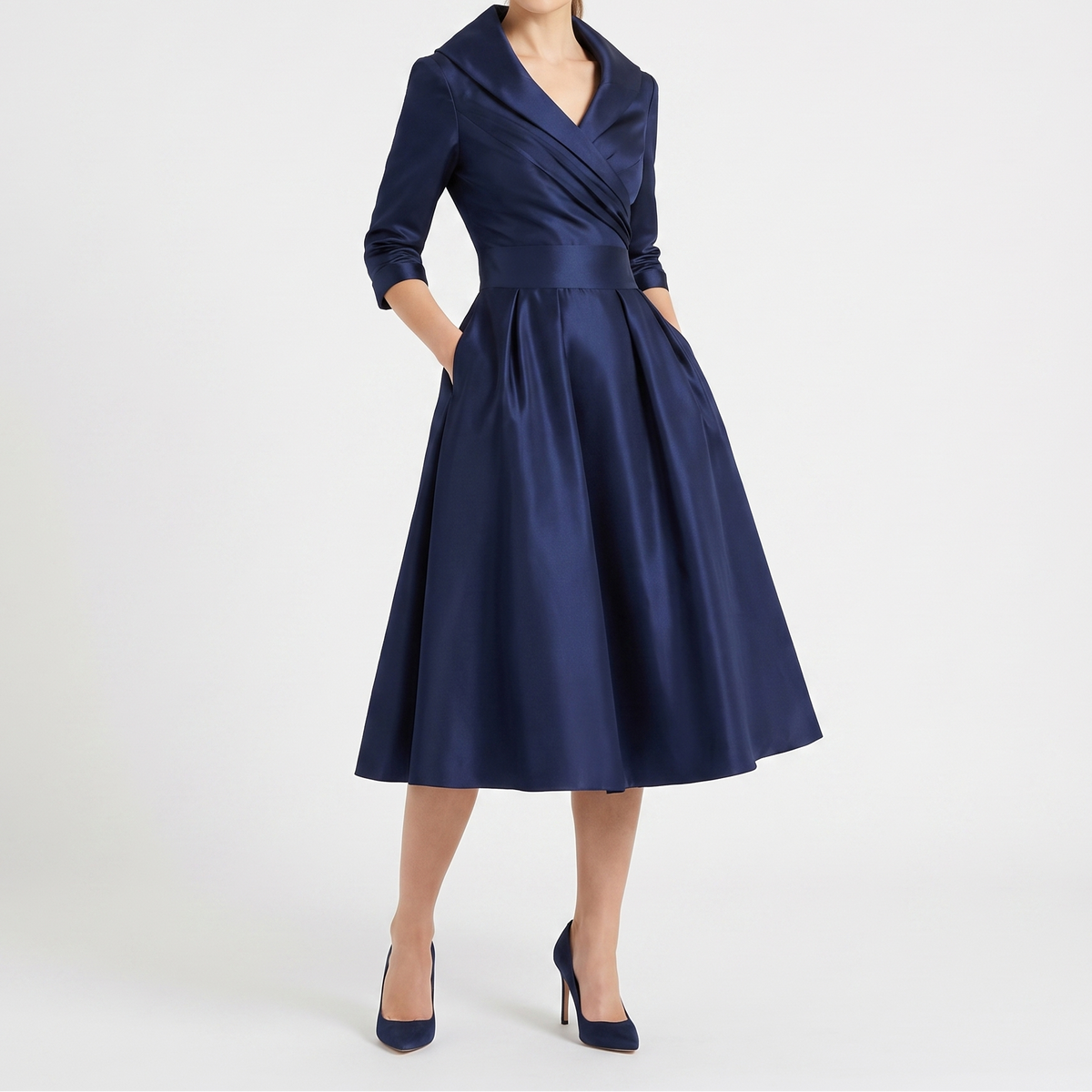 Women's Wrap Midi Dress V Neck Three Quarter Sleeve A Line Formal