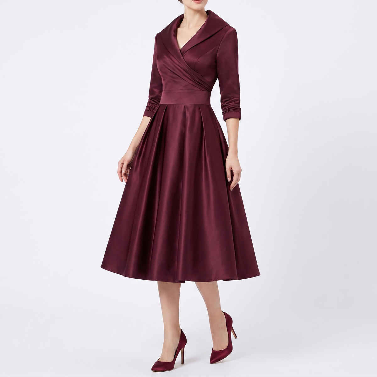 Women's Wrap Midi Dress V Neck Three Quarter Sleeve A Line Formal