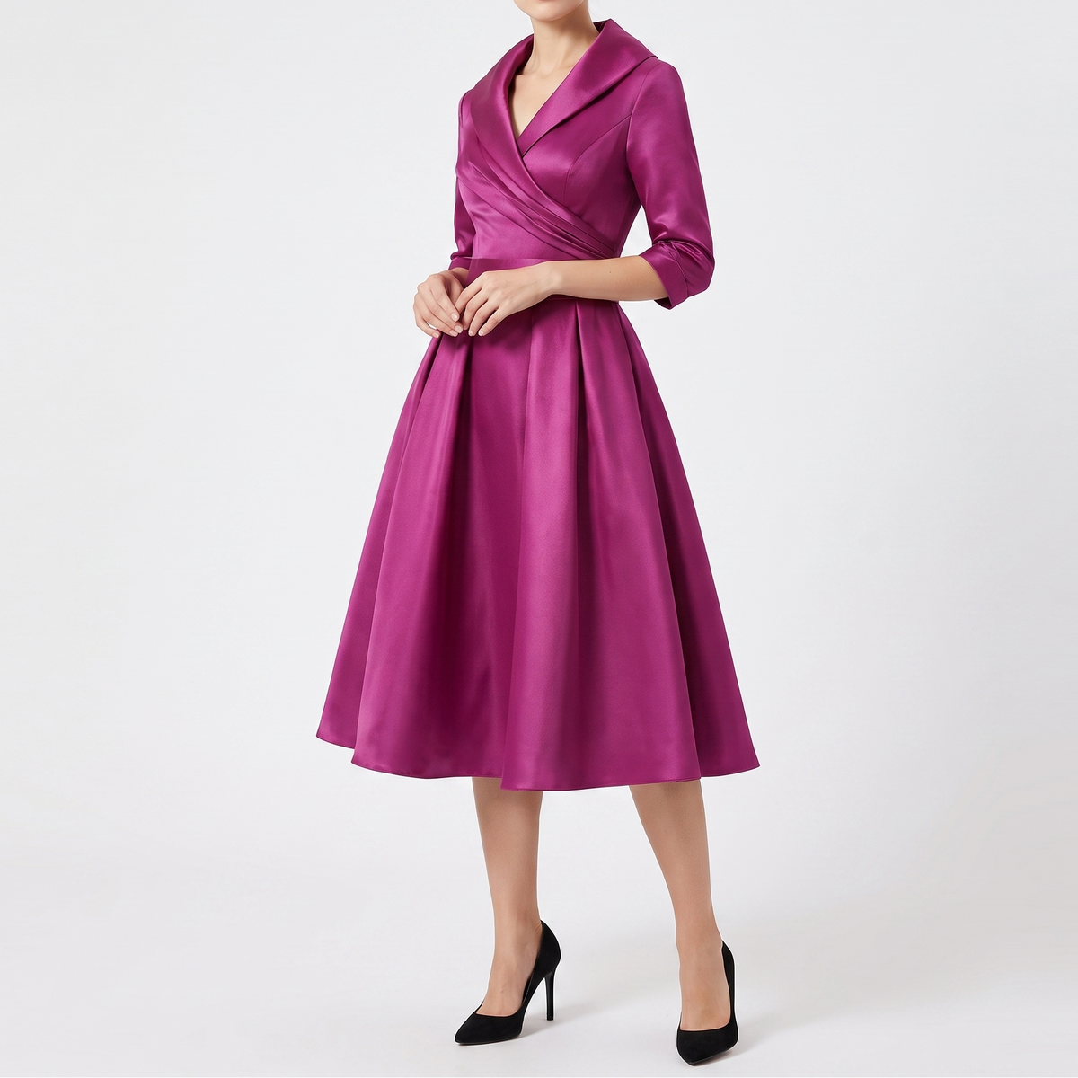 Women's Wrap Midi Dress V Neck Three Quarter Sleeve A Line Formal