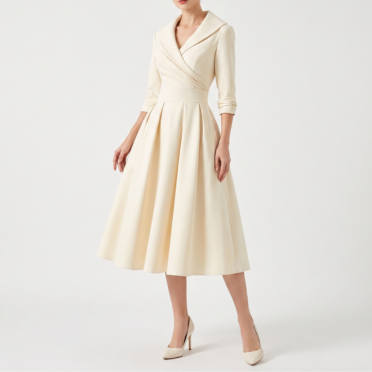 Women's Wrap Midi Dress V Neck Three Quarter Sleeve A Line Formal