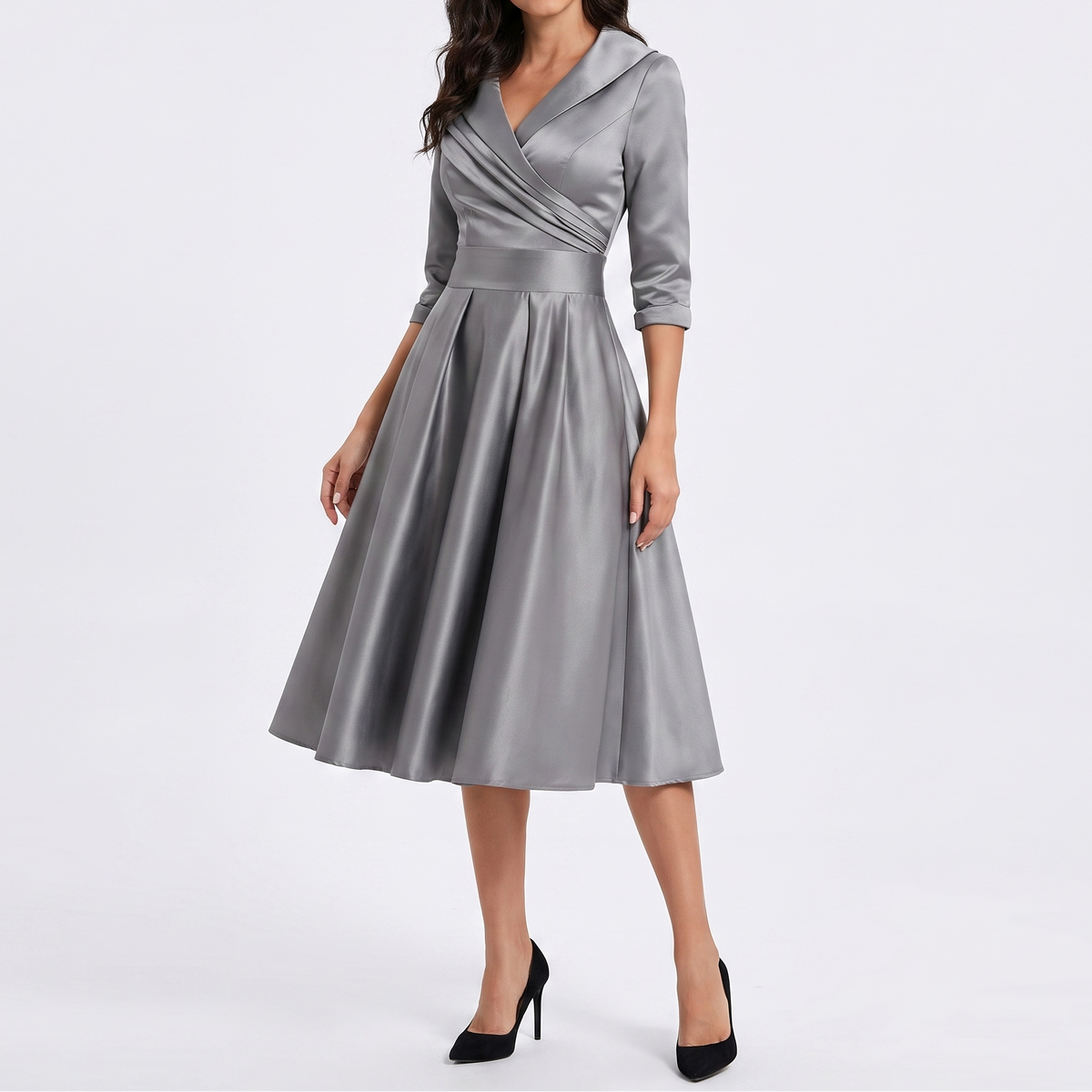 Women's Wrap Midi Dress V Neck Three Quarter Sleeve A Line Formal