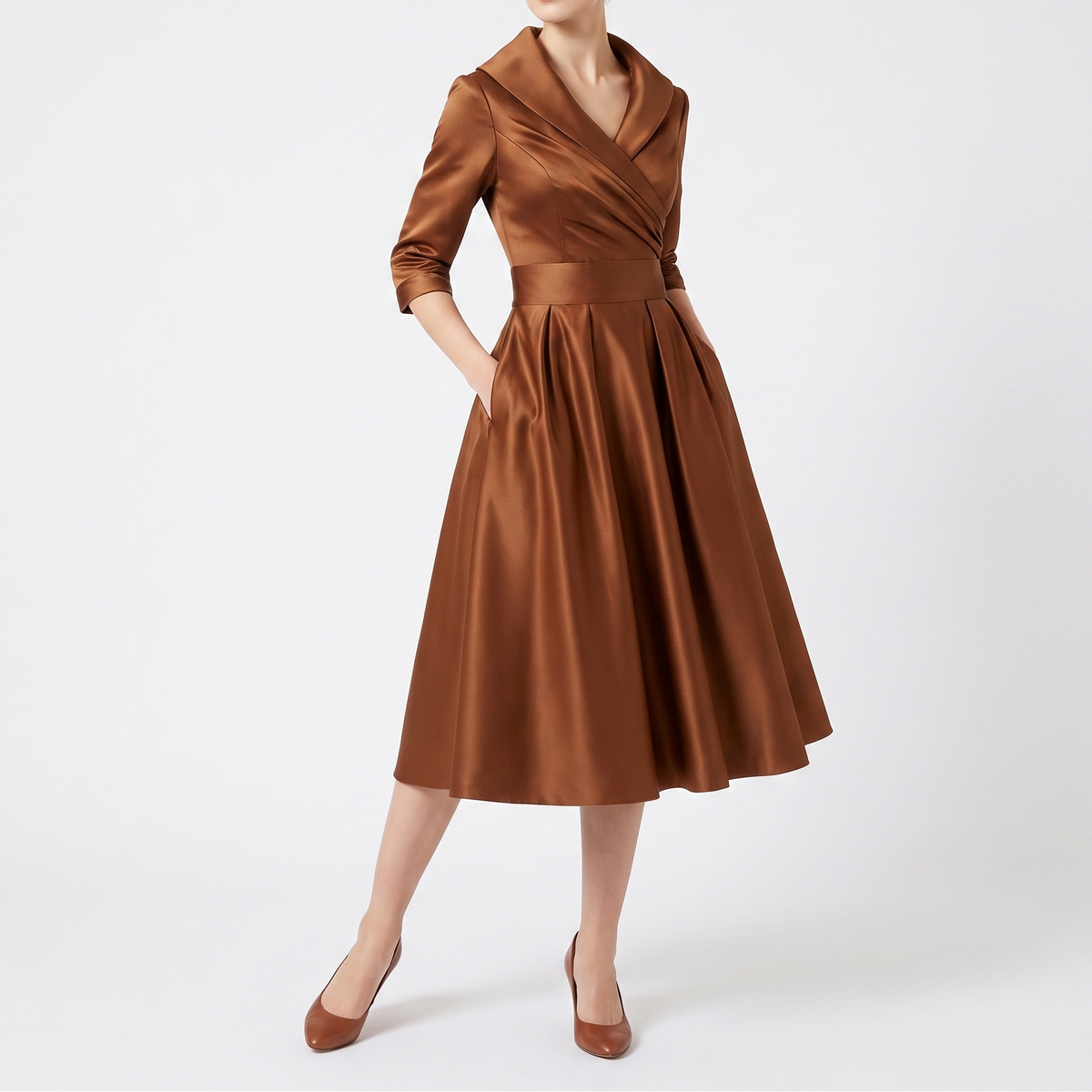 Women's Wrap Midi Dress V Neck Three Quarter Sleeve A Line Formal