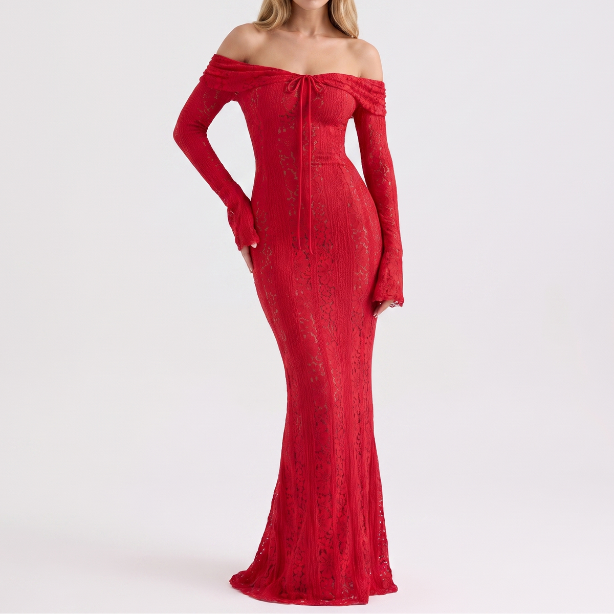 Women's Lace Maxi Dress Off Shoulder Long Sleeve Mermaid Formal