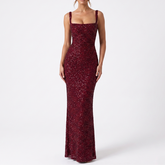 Women's Sequin Maxi Dress Square Neck Sleeveless Column Formal