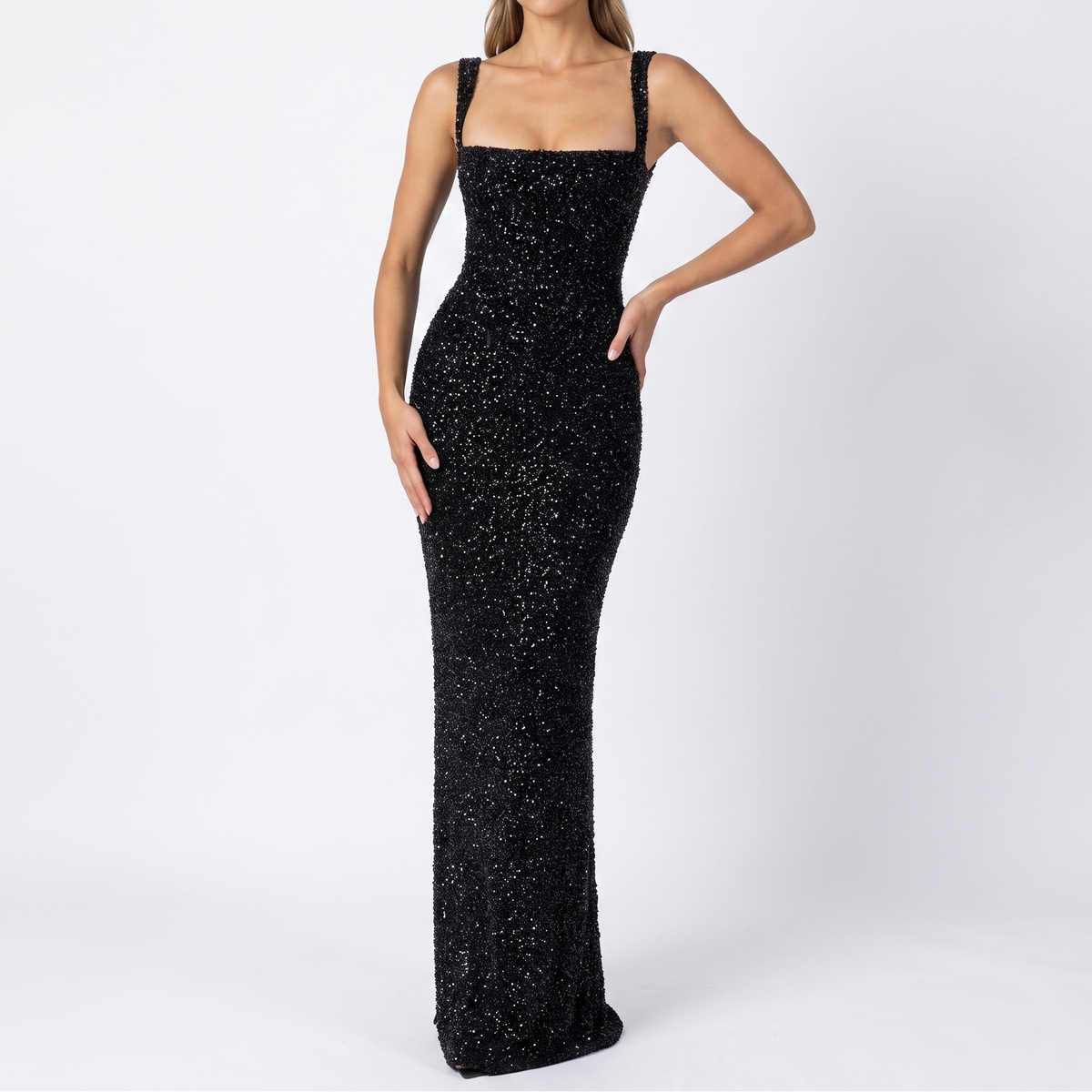 Women's Sequin Maxi Dress Square Neck Sleeveless Column Formal