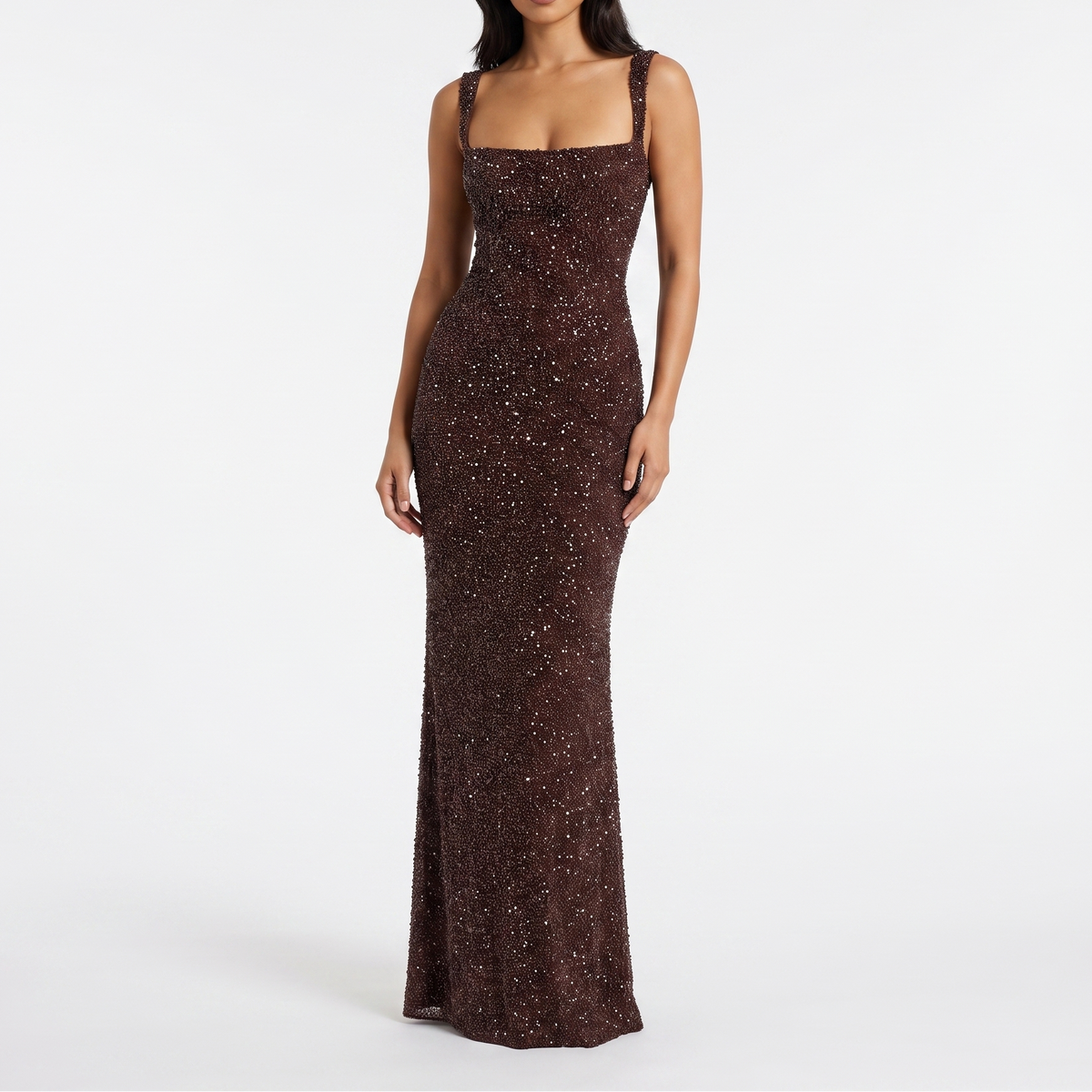 Women's Sequin Maxi Dress Square Neck Sleeveless Column Formal